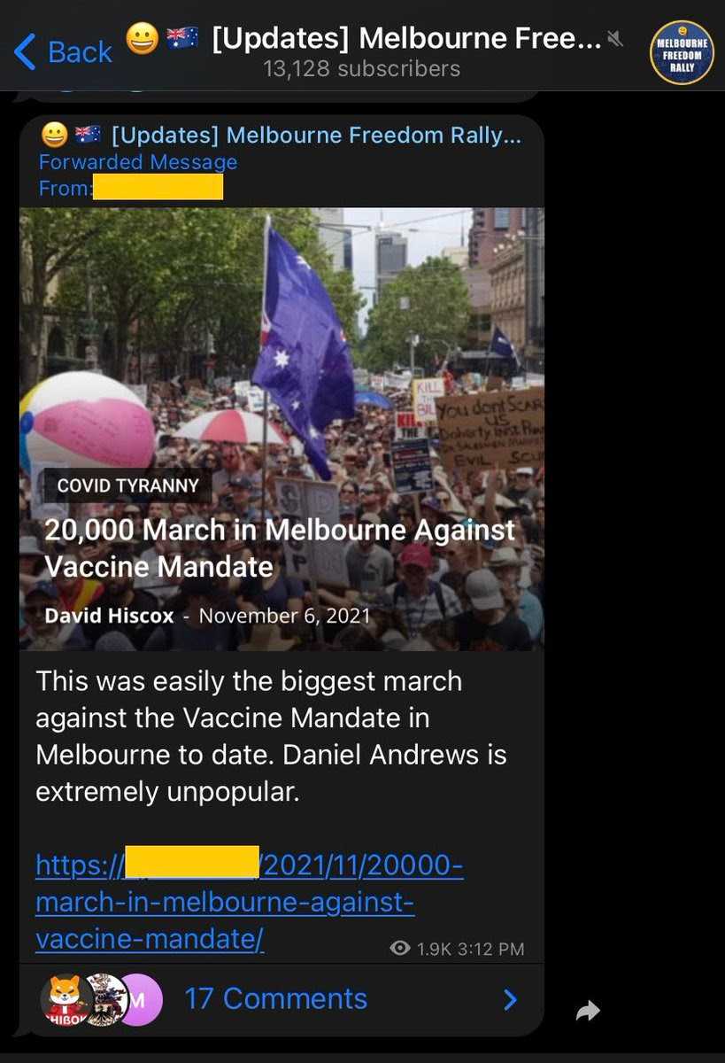 A chatlog reading "This was easily the biggest march against the Vaccine Mandate in Melbourne to date. Daniel Andrews is extremely unpopular". This message was sent by known neo-nazi David Hiscox