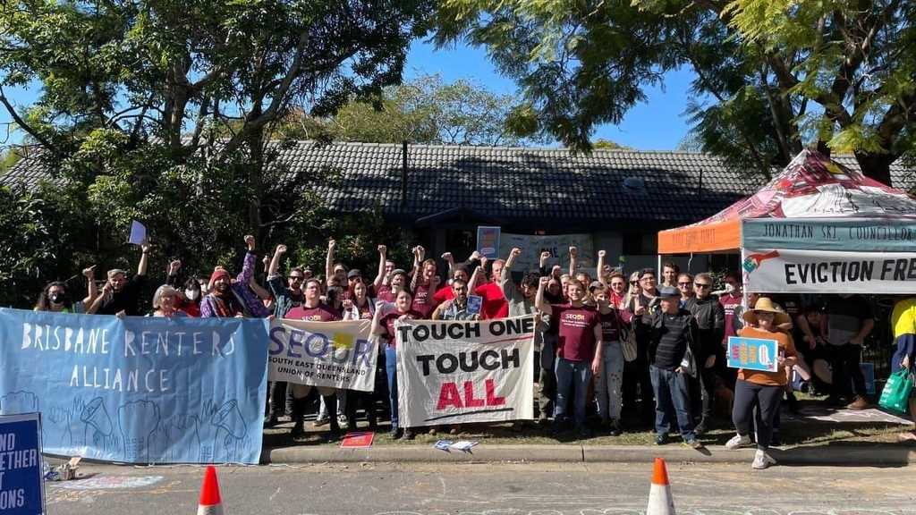 Anti-eviction protestors outside David's house